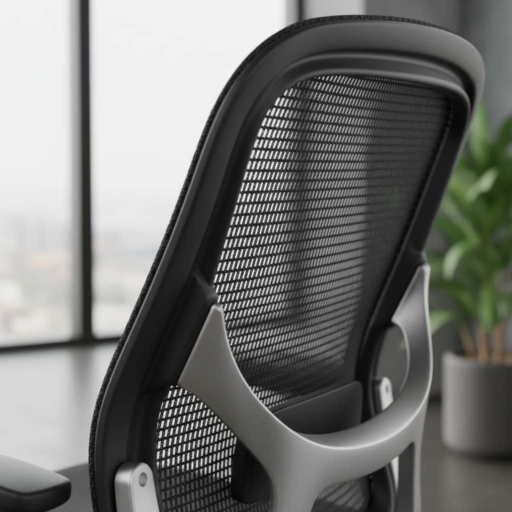 Primer plano de respaldo de silla ergonómica de malla