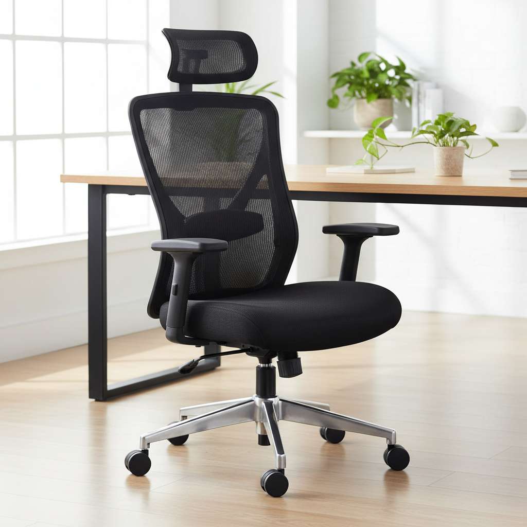 Silla ergonómica de malla negra con soporte lumbar