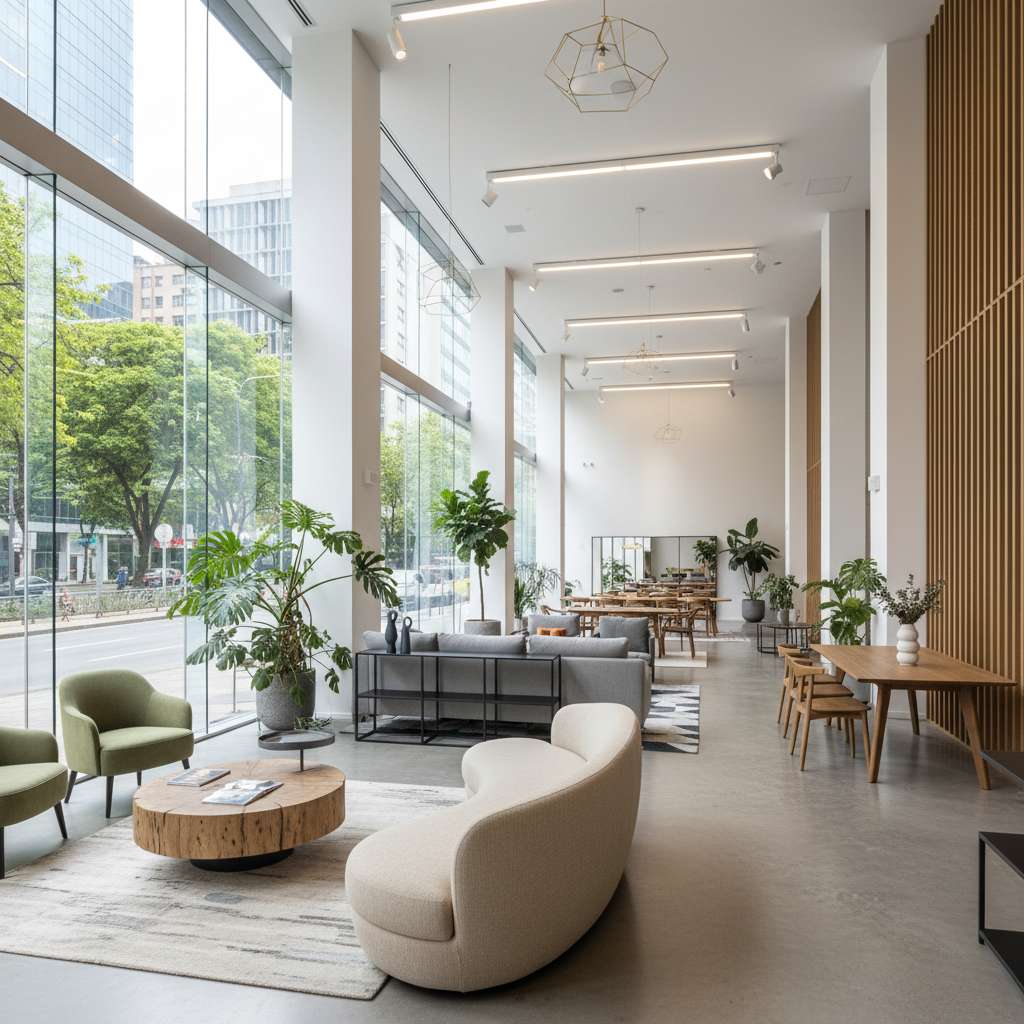Interior de nuestro showroom moderno en Bogotá con sillas y escritorios