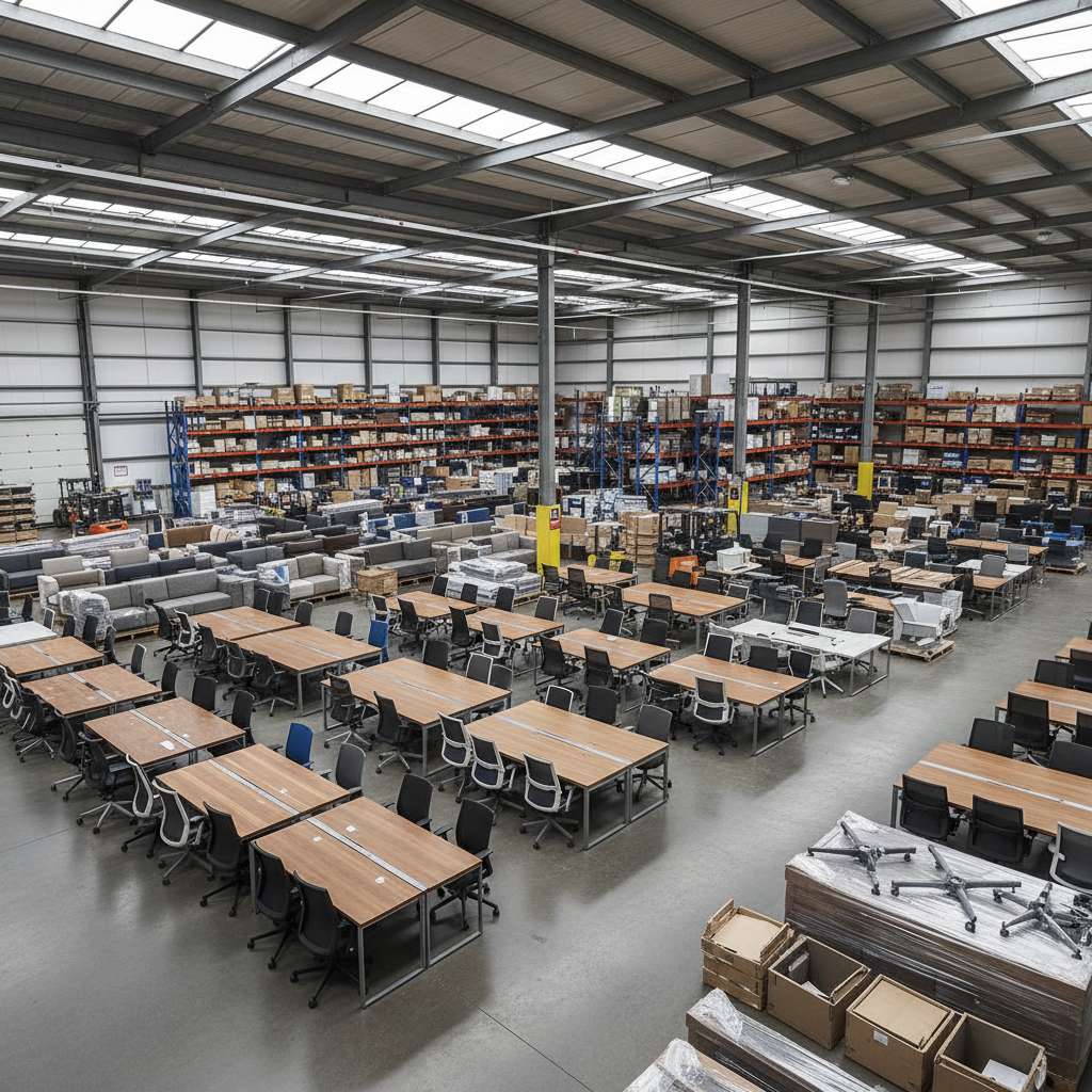 Almacén de muebles de oficina y stock disponible