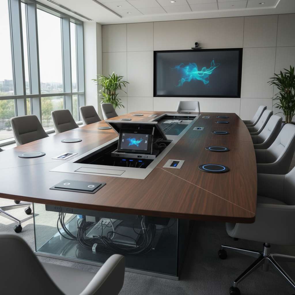 Mesa de conferencias moderna con tecnología integrada