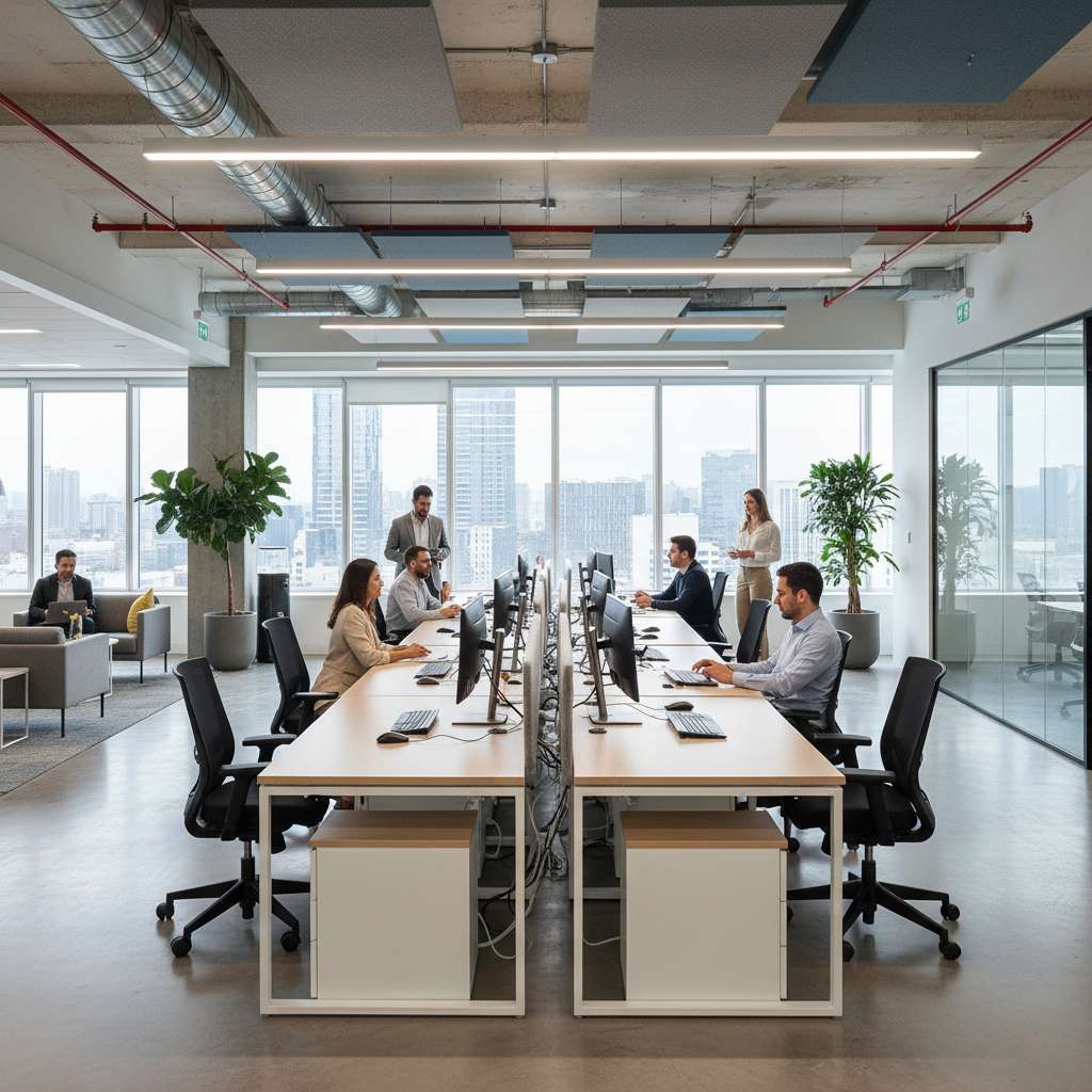Oficina de planta abierta con escritorios compartidos