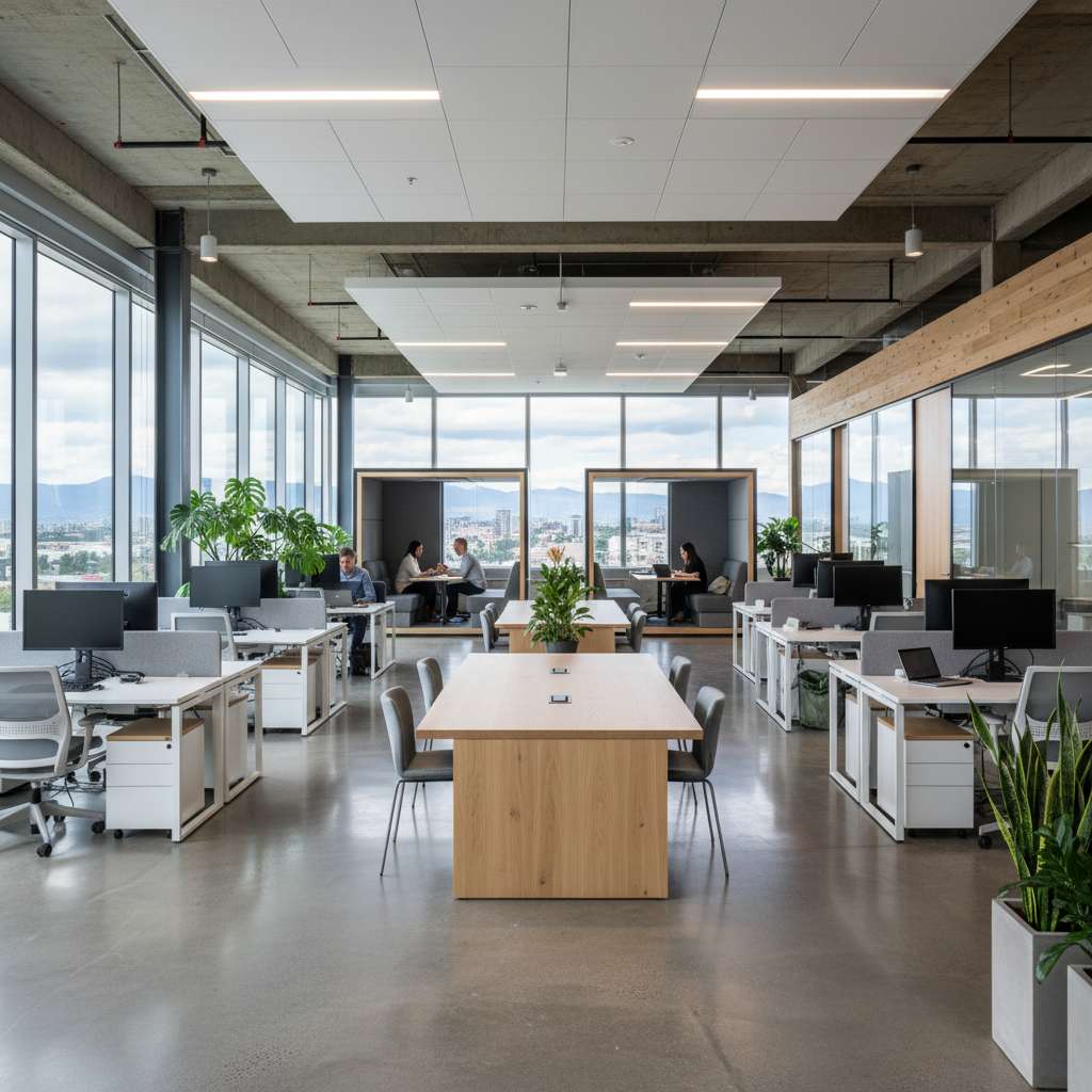 Amplia oficina corporativa moderna con ventanales y luz natural